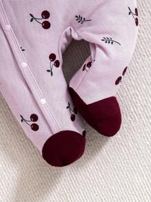 2 件套新生女婴睡衣套装 - 樱桃印花全袖连脚睡衣带帽子，基本款家居服