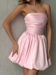 WOWDARK 褶皱无袖迷你连衣裙，纯色抹胸领，秋季