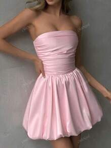 WOWDARK Pleated Sleeveless Mini Dress, Solid Color Bandeau Neck, Autumn
