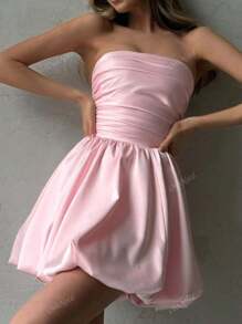 WOWDARK Pleated Sleeveless Mini Dress, Solid Color Bandeau Neck, Autumn