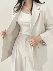 Traje de mujer traje pantalones a medida con bolsillo oblicuo con blazer corto con botón unicolor - Blanco - Ver 3