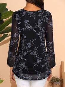 CheersLife Top Tunica A Manica Lunga Da Donna, Casual, Fiori Larghi, Maglia A Strati Plissettati Di Rete - nero - Visualizzare 3