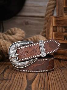1条男士西部牛仔牛头造型PU皮腰带（含打孔器），适合秋季、万圣节、秋冬季节，青少年、青年、男士均可佩戴，休闲、户外、运动、度假、毕业礼物、生日礼物、日常穿着。