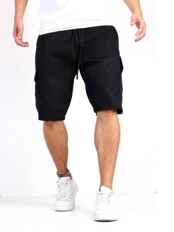 Shorts cargo adulto, sarja de algodão, cintura elástica, 6 bolsos