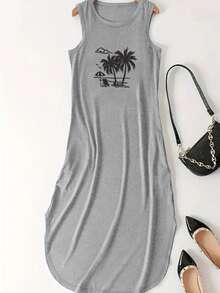 Sleeveless Casual Dress With Beach & Coconut Tree Print, Holiday Style - Light Grey - View 2