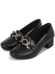 Macerata Women's Moccasin Shoes With Low Block Heel Square Gold Chain Elegant And Timeless - Black - View 5