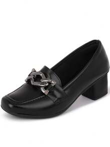Macerata Women's Moccasin Shoes With Low Block Heel Square Gold Chain Elegant And Timeless - Black - View 4