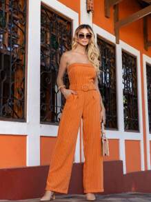 Strapless Pantalona Jumpsuit With Bulges And Contrasting Waist Pockets - Medium Wash - View 1