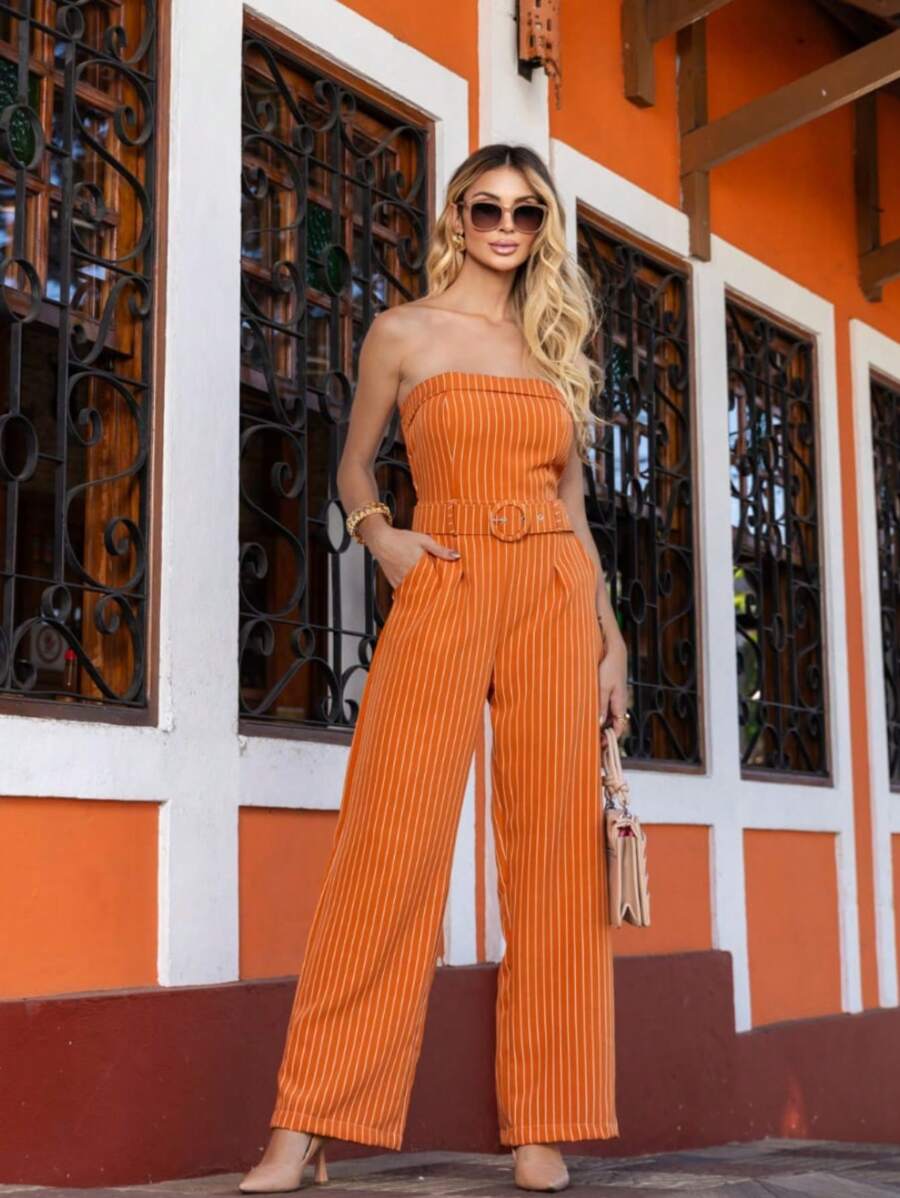 Strapless Pantalona Jumpsuit With Bulges And Contrasting Waist Pockets - Medium Wash - View 1