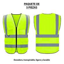 Vmingo 5 Piezas Chaleco Seguridad Reflectante Alta Visibilidad Industrial Brigadista con Bolsillos y Cremallera - Verde - Ver 2