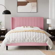 Allewie Full/Queen/King Size Velvet Bed Frame/Vertical Channel Tufted Wingback Headboard/Upholstered Platform Bed/Strong Wooden Slats/No Box Spring Needed/Easy Assembly/Blue/Black/White/Green/Teal/Pink/Grey * Bed Frame Queen Queen Bed Frame Bed Frame Full Full Size Bed Frame King Size Bed Frame Twin Bed Frame Room Decor Home Decor Christmas Decor Bedroom Decor Valentine Day Decor Storage Living Room Decor Furniture House Decor - Hồng - Xem 3