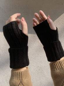 Women's Solid Half Fingerless Cuffed Knitted Gloves, Soft Warm For Fall & Winter, Suitable For Writing & Keeping Warm - Multicolor - View 8