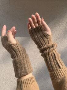 Women's Solid Half Fingerless Cuffed Knitted Gloves, Soft Warm For Fall & Winter, Suitable For Writing & Keeping Warm - Multicolor - View 4