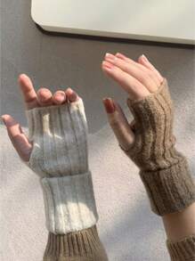 Women's Solid Half Fingerless Cuffed Knitted Gloves, Soft Warm For Fall & Winter, Suitable For Writing & Keeping Warm - Multicolor - View 3