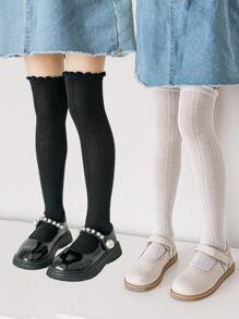 2 Pairs Girls Over-The-Knee Socks, Black And White, Casual School Uniform Style Long Stockings, Suitable For All Seasons - Multicolor - View 1