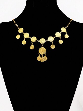 1 件复古金纹理硬币项链圆形吊坠项链铜首饰适合女士日常聚会宴会新娘婚礼