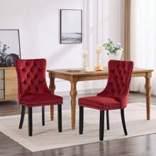 2/4/6 Piece Set Velvet Upholstered Dining Chairs, Wingback  Side Chairs Button Tufted With Solid Wood Legs For Kitchen,Dining Room. - 酒紅色 - 查看 3