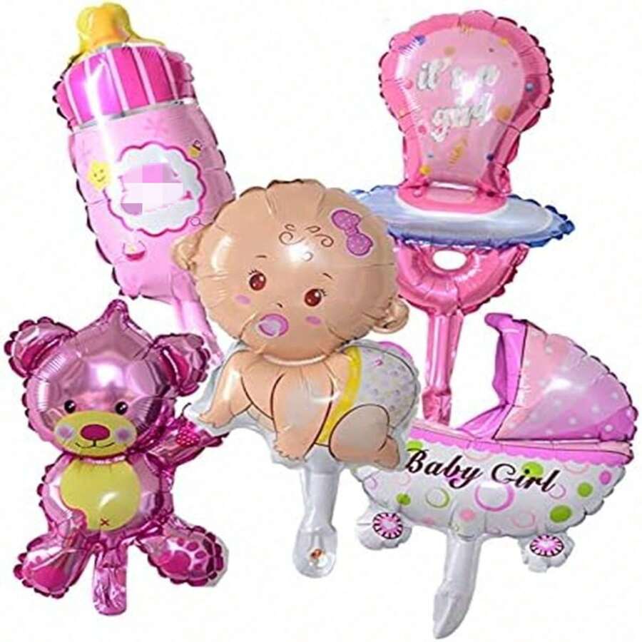 5 件迷你尺寸 Bab-Bo 牛奶瓶汽车铝箔气球粉色迷你尺寸 Bab-Y-G-Irl 气球生日派对装饰气球 It's A Gil BB 淋浴装饰（不能漂浮） - 粉色 - 查看 1