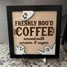 1 Piece 3D Double Wooden Coffee Sign, Fun Halloween Theme "Fresh Boo Coffee", With Ghost Accent, Classic Home Decoration Style, Holiday Kitchen Logo With Bracket Best Gifts Birthday Halloween Decor Fall Decor Room Decor Autumn Decor - Multicolor - View 13