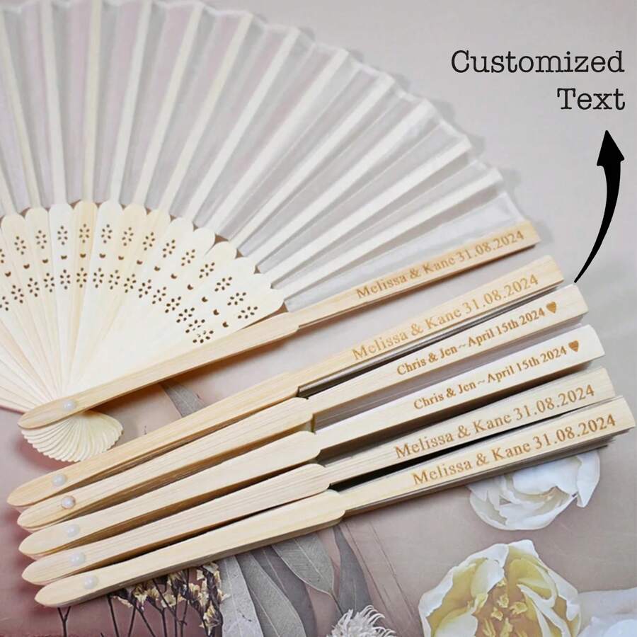 Silk White Engraved Personalised Silk Wedding Fans, Bulk Personalised Wedding Bridal Party Favors Special Event Fans Wedding, Rustic, Wedding Guest Gifts, Wedding Shower Favor, Bridal Shower Favors, Bulk Wedding Favors, Wedding Party Favors, Rustic Wedding Favor, Summer Wedding, Beach Wedding Favors, Country Wedding Gift, Wedding Folding Fan, White Wedding Fan, Personalized Gifts - Beige Fan - View 1