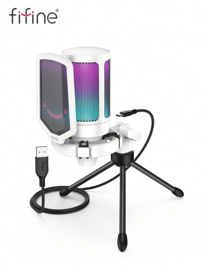  AmpliGame USB Microphone, PC Gaming Recording Desktop Laptop Mic, RGB Streaming Podcasting Condenser Mic For Online Game, Vocal, With Mute Button, Gain Knob, Tripod Stand-FIFINE A6V White