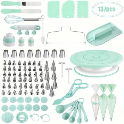 137pcs Cake Turntable Set, Cake Decorating Tips, Pastry, Cupcake Liners, Baking Pans, Baking Tools, Piping Tools, Cake Tools, Cream, Cookies, Kitchen Gadgets