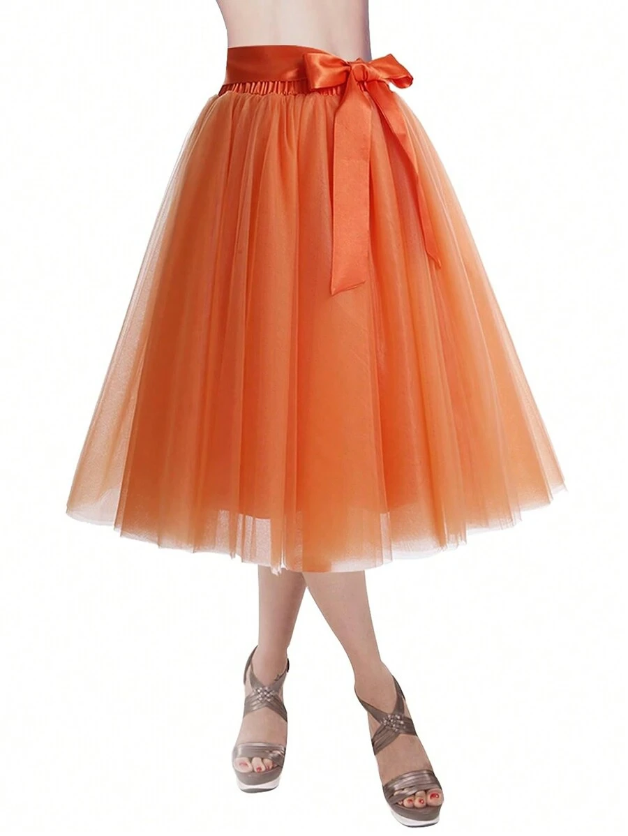 1pc Women Solid Color Long Midi-Length 65cm Knee-Length A-Line Layered Tulle Skirt, Versatile For Party, Dance, Everyday Fall Clothes For Women