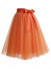 1pc Women Solid Color Long Midi-Length 65cm Knee-Length A-Line Layered Tulle Skirt, Versatile For Party, Dance, Everyday Fall Clothes For Women