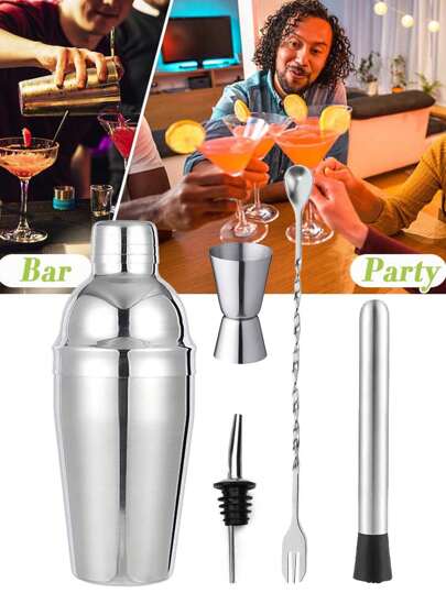 Cocktail Cocktail Mug 6 Pieces Set,Cocktail Shaker Set Bartender Kit With Stand | Bar Set Drink Mixer Set With All Essential Accessory Tools: Martini Shaker, Jigger, Strainer, Mixer Spoon, Muddler, Liquor Pourers,Bartender Accessories For Filtering Cocktail Drink,Silver Professional Stainless Steel Bar Tools,Blender,Stainless Steel Shaker,Wine Guide, Gift For Father