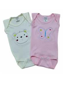 Baby Bodysuit Tank Top In Ribbed Fabric With 3D Embroidery - KIT WITH 3 BODYS - BOY AND GIRL - Màu Hồng baby - Xem 3
