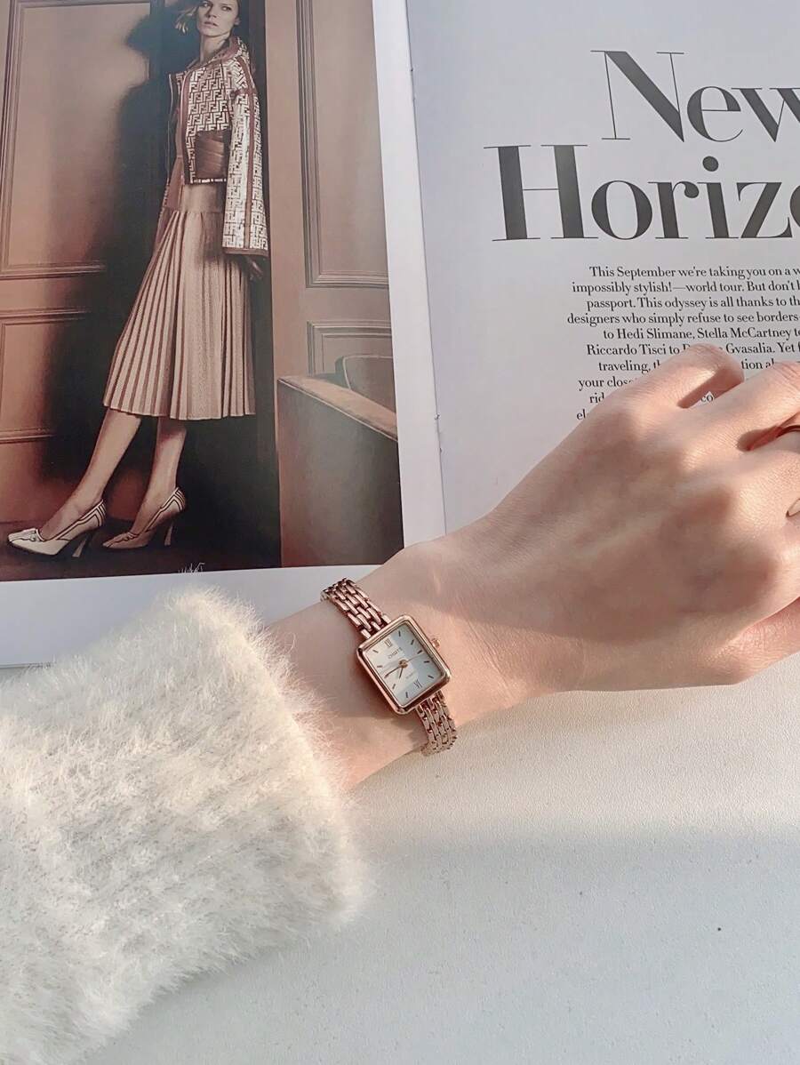 1pc Square Rose Gold Stainless Steel Quartz Watch With Bracelet, Fashion Casual Wristwatch For Daily