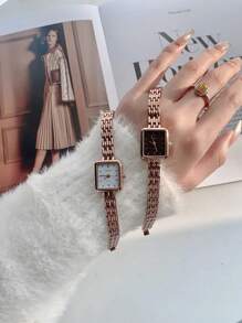 1pc Square Rose Gold Stainless Steel Quartz Watch With Bracelet, Fashion Casual Wristwatch For Daily
