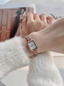 1pc Square Rose Gold Stainless Steel Quartz Watch With Bracelet, Fashion Casual Wristwatch For Daily