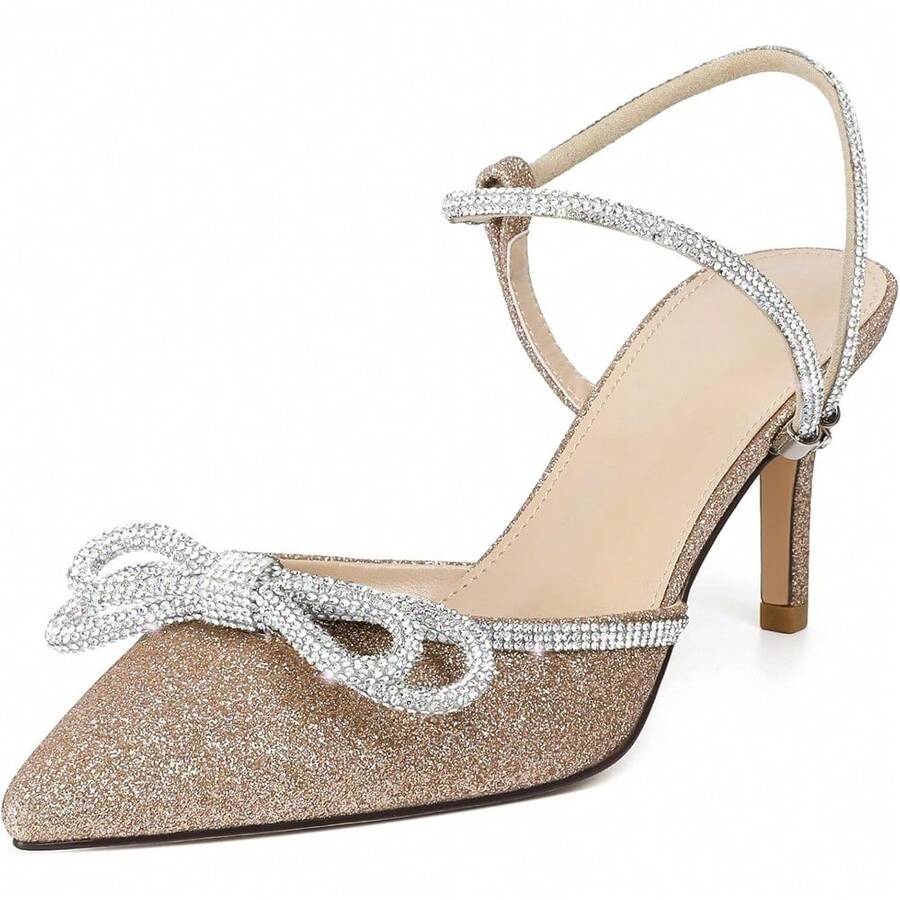 RIBONGZ Women's Wedding Shoes Glitter Sparkly Pointed Toe Strappy High Heels Sexy Ankle Strap Pumps Bridal Party Work Dress Shoes - Vàng - Xem 1