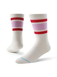 1 Pair Classic Women & Men Striped Mid-Calf Sports Casual Socks, Breathable Long Tube Socks, Solid Color Fashion Socks, Suitable As Girlfriend Gift - Pink - View 2
