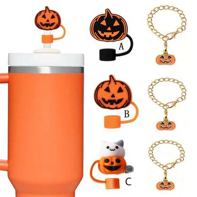 1 Set Of 2, 10mm Halloween Pumpkin Silicone Straw Topper, Cute Cup Decor Pendant, Fit For 30oz & 40oz Tumblers, Water Bottle Accessories, Holiday Gift