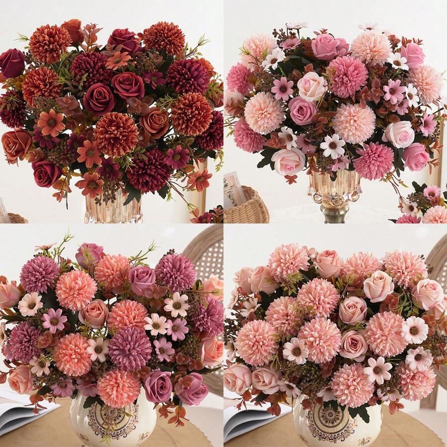 1 pieza Flores artificiales, ramo de flores de seda de rosa crisantemo falso para decoración, centros de mesa de flores de rosa de otoño para decoración de fiesta, boda y hogar en Acción de Gracias - granate - Ver 1