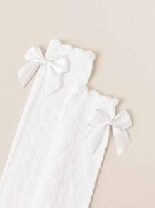 1 双儿童长袜，女童公主袜，轻薄透气菱形蕾丝蝴蝶结过膝袜，春夏 - 白色 - 查看 6