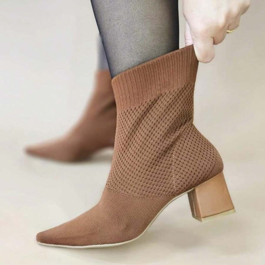 Kinit Women's Low Block Heel Medium Elastic Sock Boot - Camel - View 1