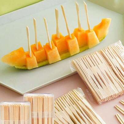 100pcs Bamboo Appetizer Fork, Bamboo Fruit Fork, Pastry Fork, Household Cake And Dessert Fork, Appetizer Fork, Wedding Party Supplies, Independent Bamboo Skewers,Kitchen,Christmas Gift,School Supplies