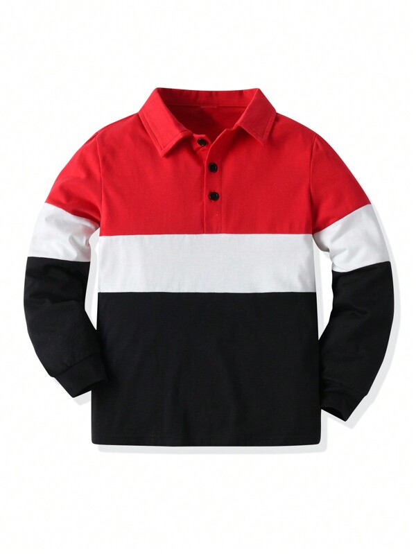 Camisa polo de manga larga con contraste de color para niños pequeños en otoño