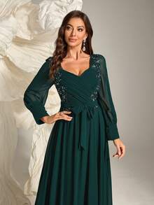 心形领口水钻细节系带伴娘礼服，优雅长袖礼服，适合圣诞节 - 墨綠色 - 查看 6