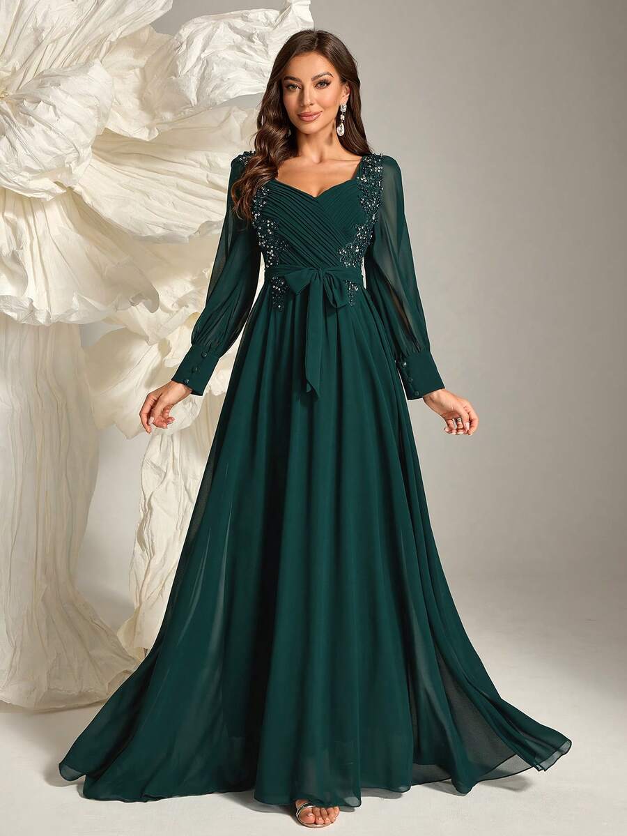 心形领口水钻细节系带伴娘礼服，优雅长袖礼服，适合圣诞节 - 墨綠色 - 查看 1