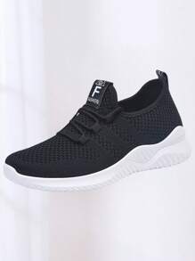 Zapatillas de deporte de tela facial transpirable de color sólido para mujer, zapatos casuales de mujer casual con cordones de punta redonda, cómodos tenis planos antideslizantes, adecuados para deportes, tenis, fitness, ejercicio, ropa casual, uso diario. - Negro - Ver 6