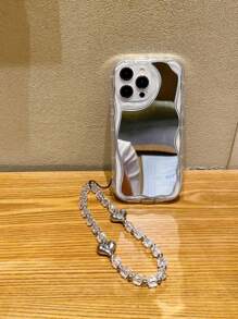 1pc Mirror & 1pc Transparent Silver Heart Bracelet Strap With Cream Wavy Edging, Compatible With Apple/Xiaomi/Redmi/OPPO/VIVO/Samsung/Tecno Infinix Mobile Phone Case