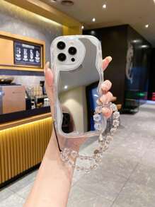 1pc Mirror & 1pc Transparent Silver Heart Bracelet Strap With Cream Wavy Edging, Compatible With Apple/Xiaomi/Redmi/OPPO/VIVO/Samsung/Tecno Infinix Mobile Phone Case