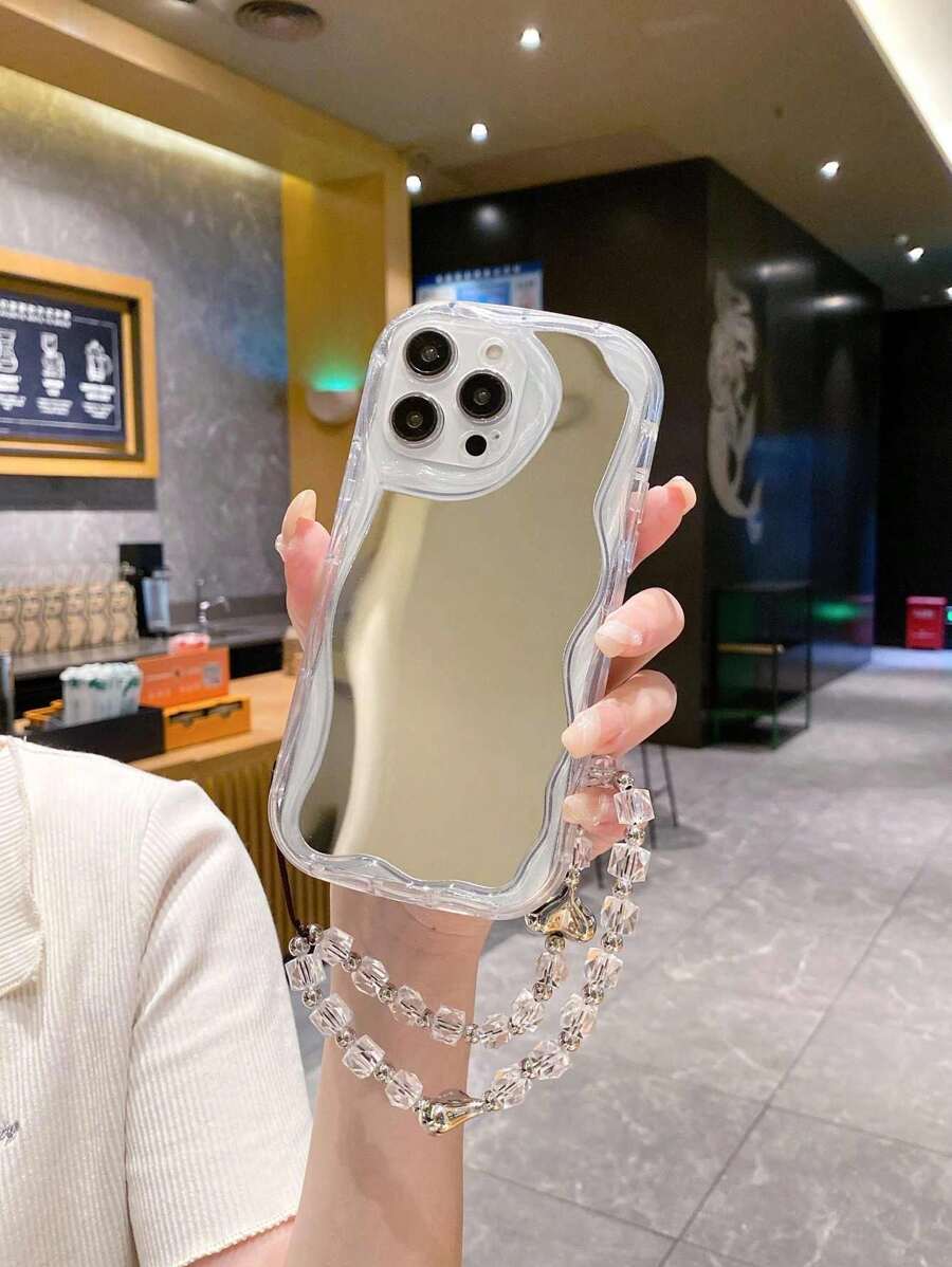 1pc Mirror & 1pc Transparent Silver Heart Bracelet Strap With Cream Wavy Edging, Compatible With Apple/Xiaomi/Redmi/OPPO/VIVO/Samsung/Tecno Infinix Mobile Phone Case
