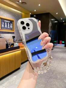 1pc Mirror & 1pc Transparent Silver Heart Bracelet Strap With Cream Wavy Edging, Compatible With Apple/Xiaomi/Redmi/OPPO/VIVO/Samsung/Tecno Infinix Mobile Phone Case