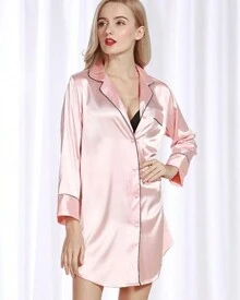 Chamise Women's Nightdress In American Premium Satin With Pocket And Button - 乾枯玫瑰色 - 查看 2