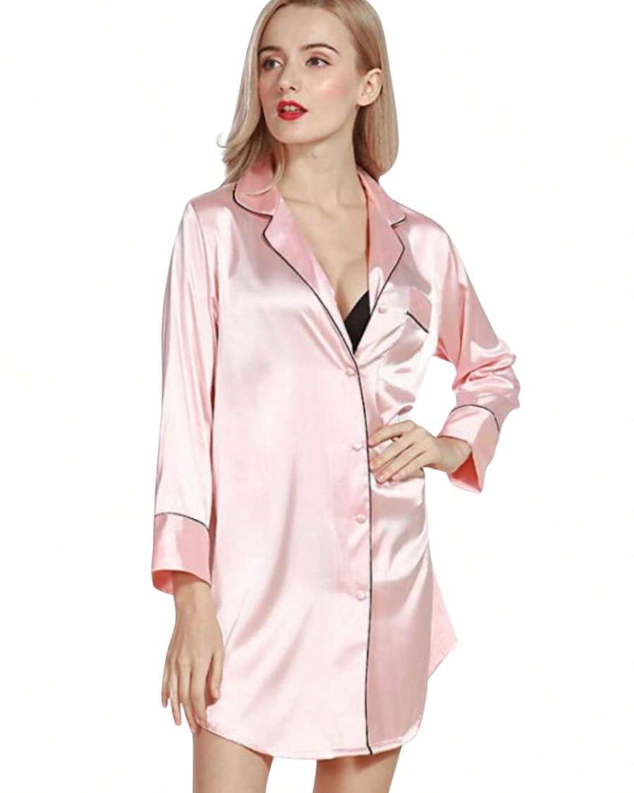 Chamise Women's Nightdress In American Premium Satin With Pocket And Button - 乾枯玫瑰色 - 查看 1